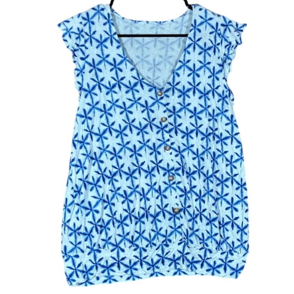 LOFT Outlet Womens Blouse Blue White V Neck Flutter Cap Sleeve Large